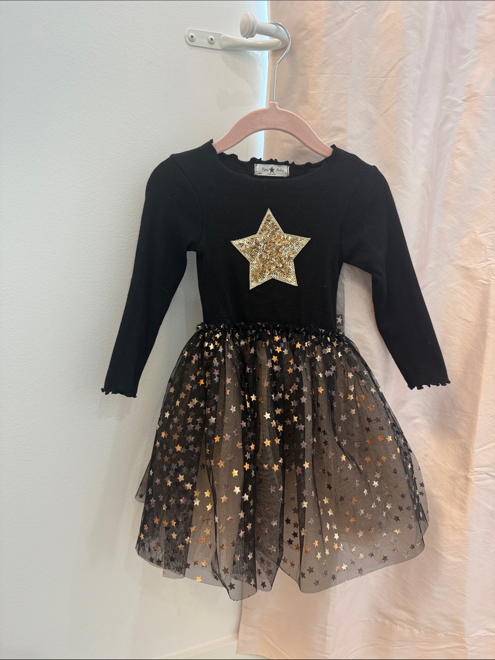 Girls Black Long-Sleeve Star Tulle Dress with Gold Accent